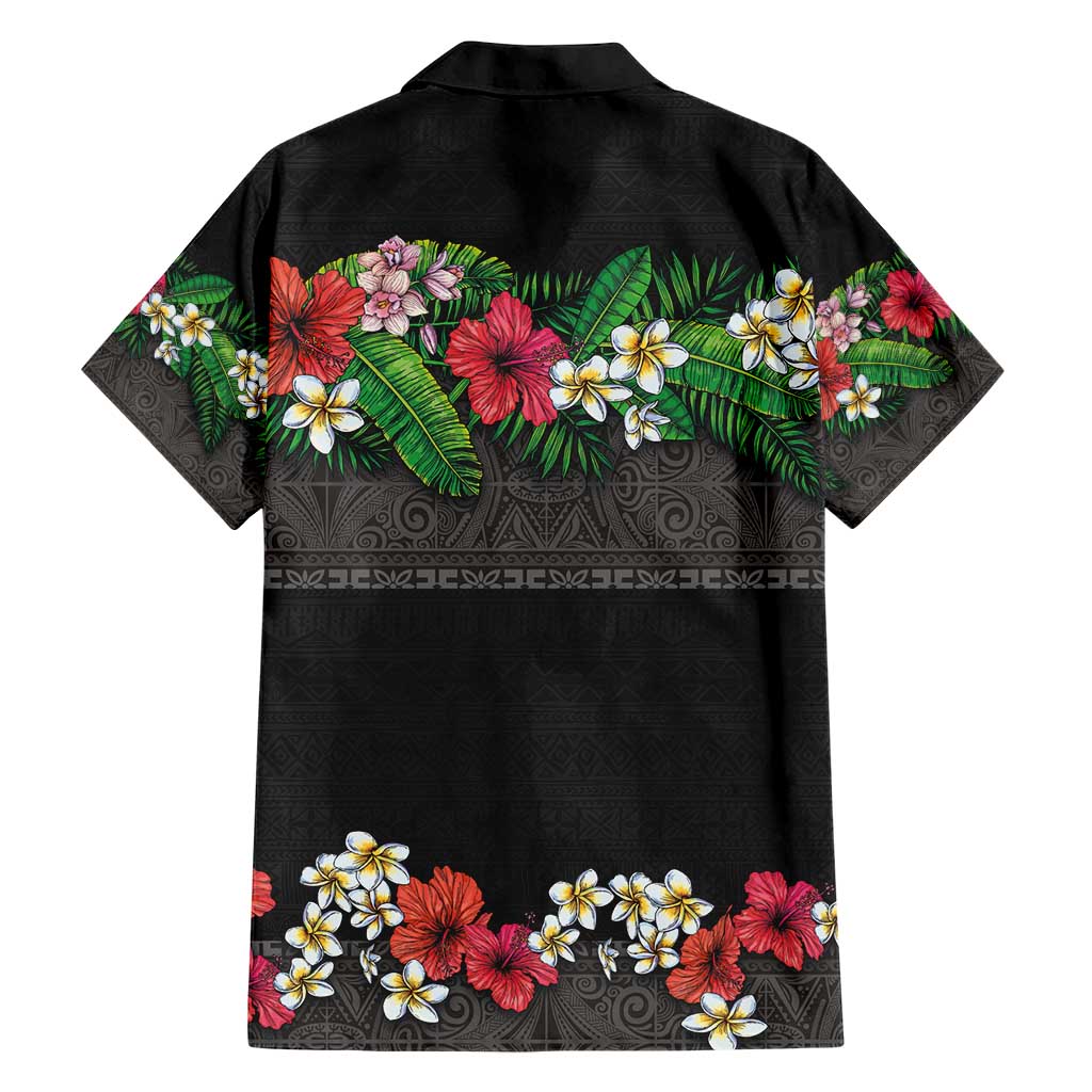 Hawaiian Tropical Flowers and Tribal Polynesian Tattoo Family Matching Short Sleeve Bodycon Dress and Hawaiian Shirt Black Color LT03 - Polynesian Pride