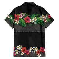 Hawaiian Tropical Flowers and Tribal Polynesian Tattoo Family Matching Short Sleeve Bodycon Dress and Hawaiian Shirt Black Color LT03 - Polynesian Pride