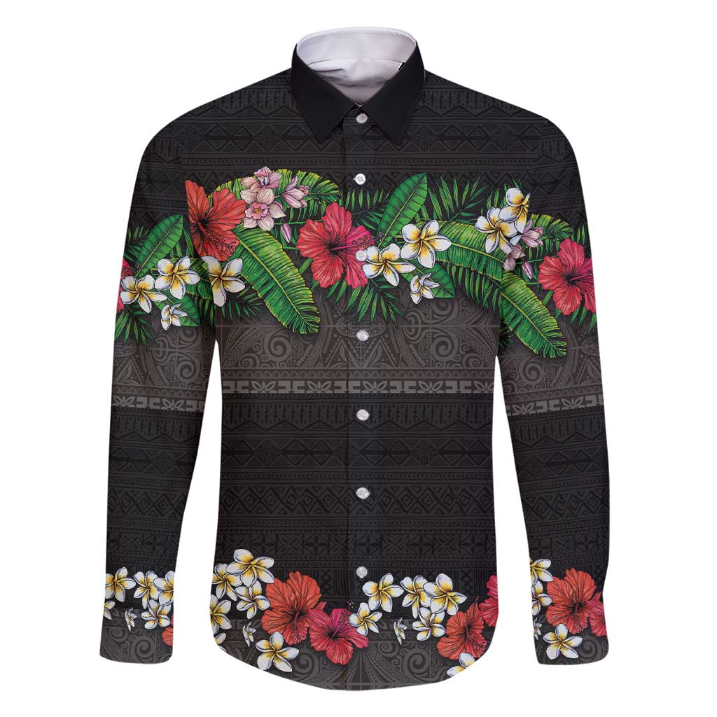 Hawaiian Tropical Flowers and Tribal Polynesian Tattoo Family Matching Short Sleeve Bodycon Dress and Hawaiian Shirt Black Color LT03 Dad's Shirt - Long Sleeve Black - Polynesian Pride