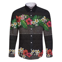 Hawaiian Tropical Flowers and Tribal Polynesian Tattoo Family Matching Short Sleeve Bodycon Dress and Hawaiian Shirt Black Color LT03 Dad's Shirt - Long Sleeve Black - Polynesian Pride