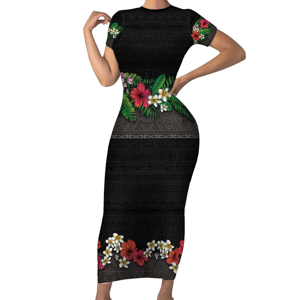 Hawaiian Tropical Flowers and Tribal Polynesian Tattoo Family Matching Short Sleeve Bodycon Dress and Hawaiian Shirt Black Color LT03 Mom's Dress Black - Polynesian Pride