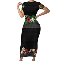 Hawaiian Tropical Flowers and Tribal Polynesian Tattoo Family Matching Short Sleeve Bodycon Dress and Hawaiian Shirt Black Color LT03 Mom's Dress Black - Polynesian Pride