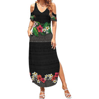 Hawaiian Tropical Flowers and Tribal Polynesian Tattoo Family Matching Summer Maxi Dress and Hawaiian Shirt Black Color LT03 Mom's Dress Black - Polynesian Pride