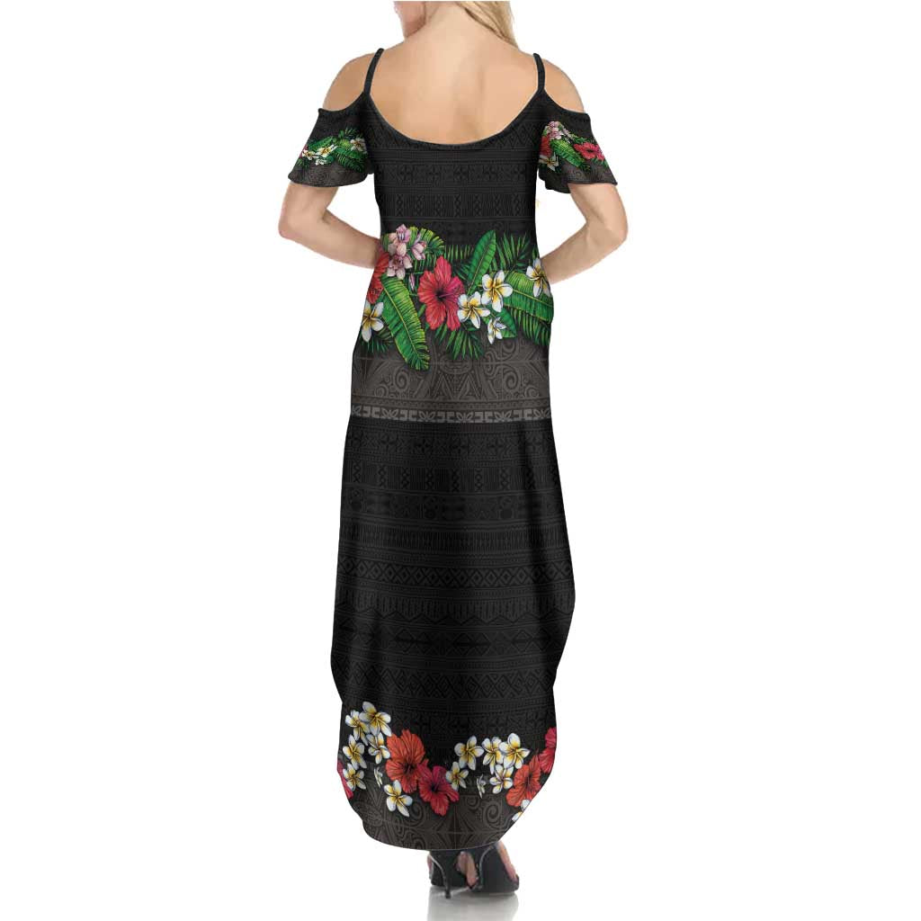 Hawaiian Tropical Flowers and Tribal Polynesian Tattoo Family Matching Summer Maxi Dress and Hawaiian Shirt Black Color LT03 - Polynesian Pride