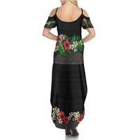 Hawaiian Tropical Flowers and Tribal Polynesian Tattoo Family Matching Summer Maxi Dress and Hawaiian Shirt Black Color LT03 - Polynesian Pride