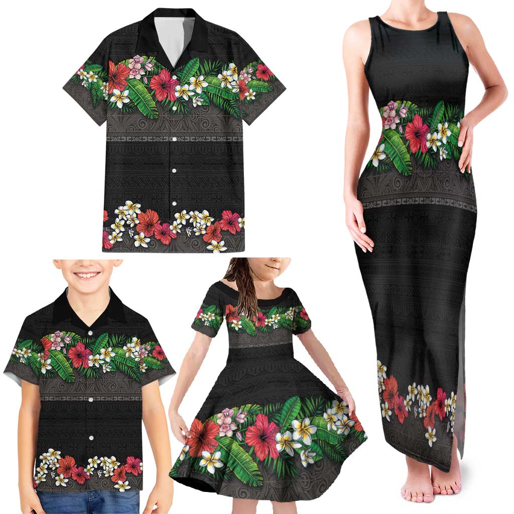 Hawaiian Tropical Flowers and Tribal Polynesian Tattoo Family Matching Tank Maxi Dress and Hawaiian Shirt Black Color LT03 - Polynesian Pride