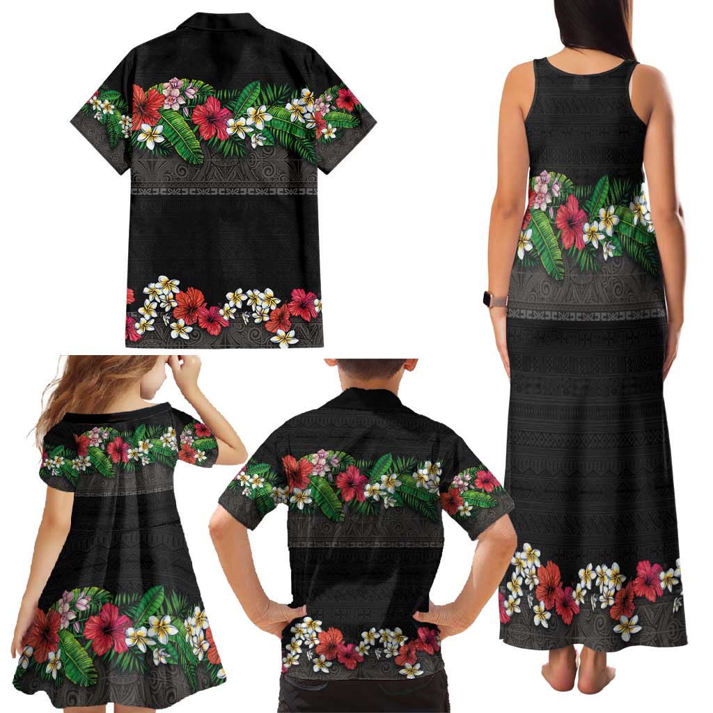 Hawaiian Tropical Flowers and Tribal Polynesian Tattoo Family Matching Tank Maxi Dress and Hawaiian Shirt Black Color LT03 - Polynesian Pride