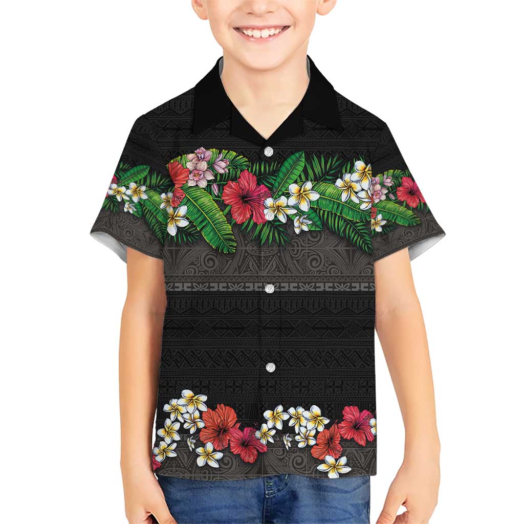 Hawaiian Tropical Flowers and Tribal Polynesian Tattoo Hawaiian Shirt Black Color