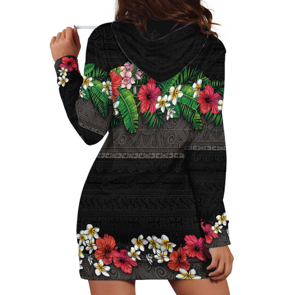 Hawaiian Tropical Flowers and Tribal Polynesian Tattoo Hoodie Dress Black Color LT03 - Polynesian Pride