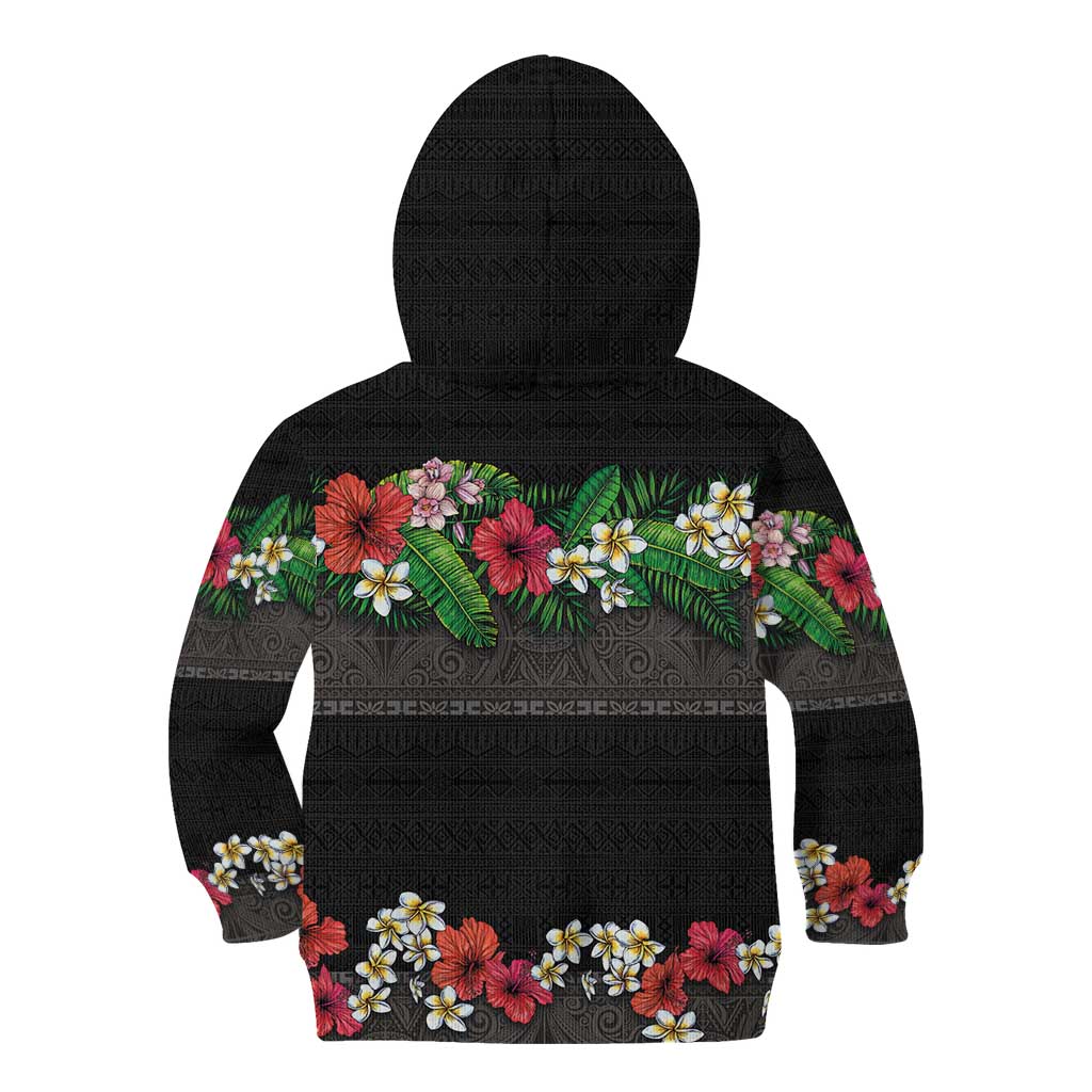 Hawaiian Tropical Flowers and Tribal Polynesian Tattoo Kid Hoodie Black Color