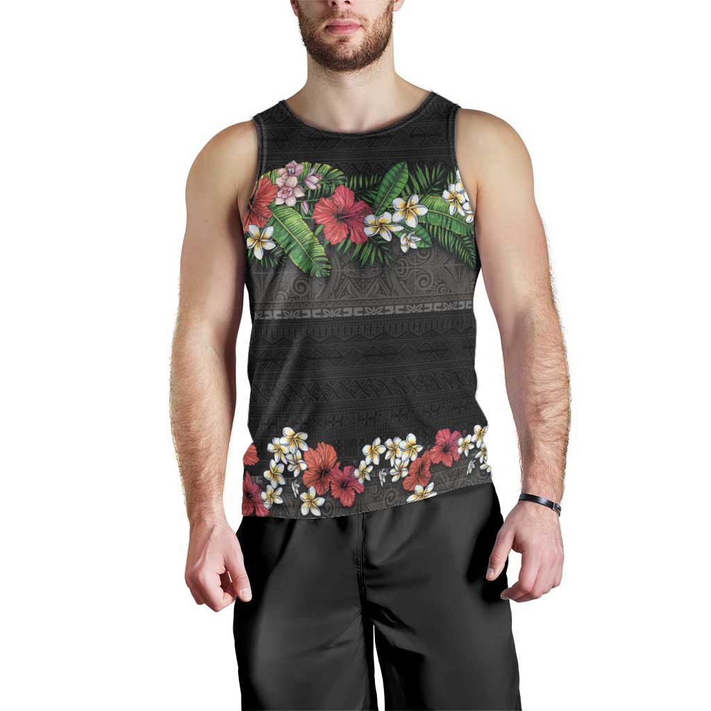 Hawaiian Tropical Flowers and Tribal Polynesian Tattoo Men Tank Top Black Color