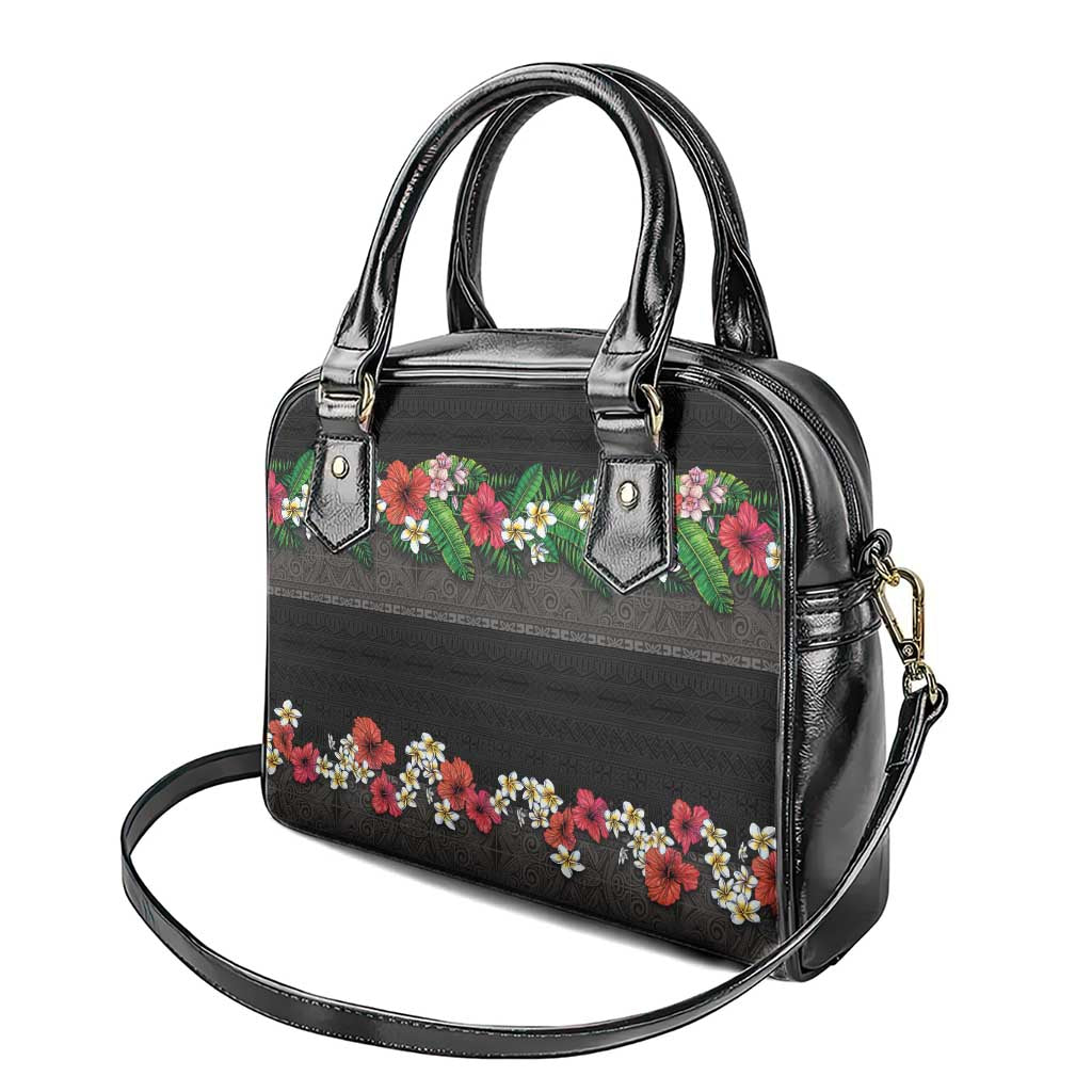 Hawaiian Tropical Flowers and Tribal Polynesian Tattoo Shoulder Handbag Black Color