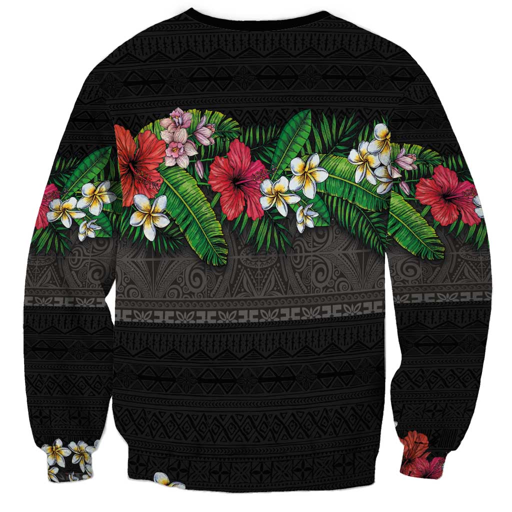 Hawaiian Tropical Flowers and Tribal Polynesian Tattoo Sweatshirt Black Color