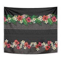 Hawaiian Tropical Flowers and Tribal Polynesian Tattoo Tapestry Black Color
