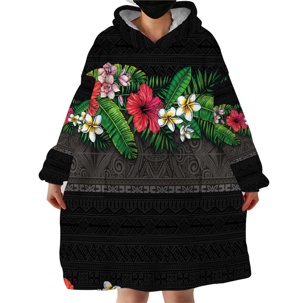 Hawaiian Tropical Flowers and Tribal Polynesian Tattoo Wearable Blanket Hoodie Black Color