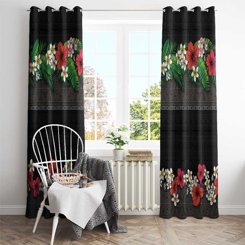 Hawaiian Tropical Flowers and Tribal Polynesian Tattoo Window Curtain Black Color