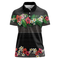 Hawaiian Tropical Flowers and Tribal Polynesian Tattoo Women Polo Shirt Black Color LT03 Female Black - Polynesian Pride