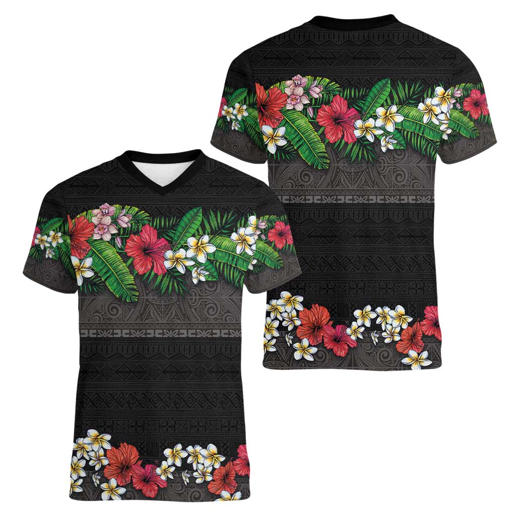 Hawaiian Tropical Flowers and Tribal Polynesian Tattoo Women V-Neck T-Shirt Black Color