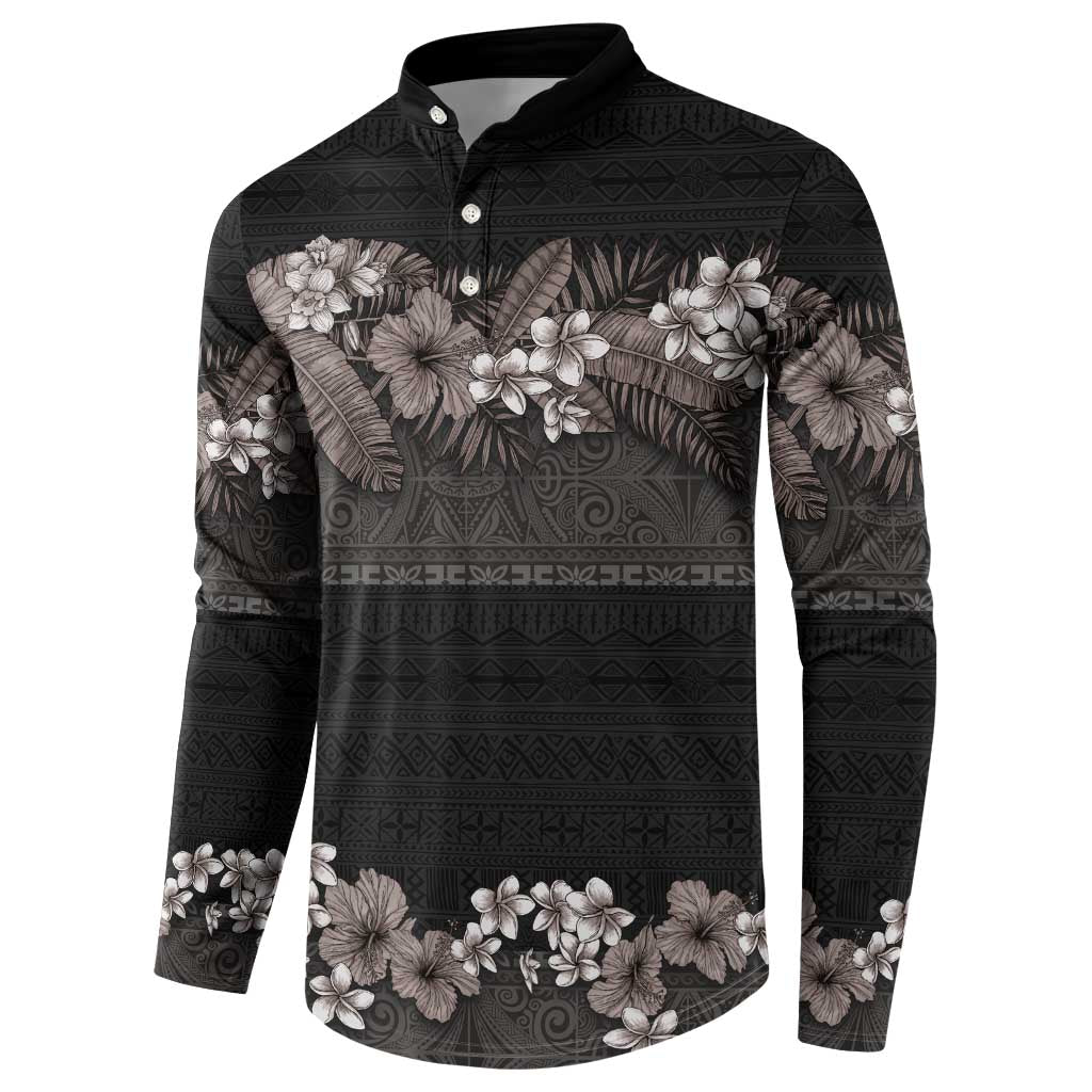 Hawaiian Tropical Flowers and Tribal Polynesian Tattoo Button Sweatshirt Grayscale Mode