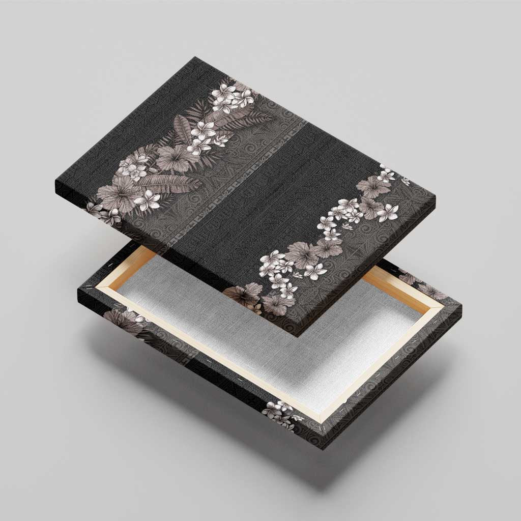 Hawaiian Tropical Flowers and Tribal Polynesian Tattoo Canvas Wall Art Grayscale Mode