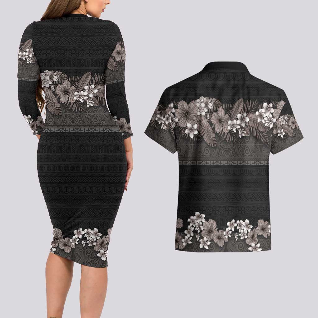 Hawaiian Tropical Flowers and Tribal Polynesian Tattoo Couples Matching Long Sleeve Bodycon Dress and Hawaiian Shirt Grayscale Mode LT03 - Polynesian Pride