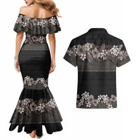 Hawaiian Tropical Flowers and Tribal Polynesian Tattoo Couples Matching Mermaid Dress and Hawaiian Shirt Grayscale Mode LT03 - Polynesian Pride
