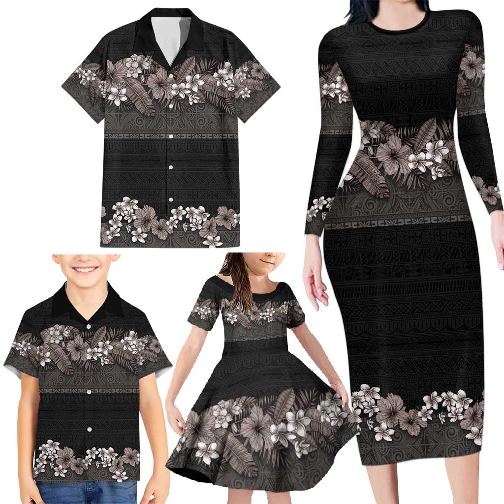 Hawaiian Tropical Flowers and Tribal Polynesian Tattoo Family Matching Long Sleeve Bodycon Dress and Hawaiian Shirt Grayscale Mode LT03 - Polynesian Pride