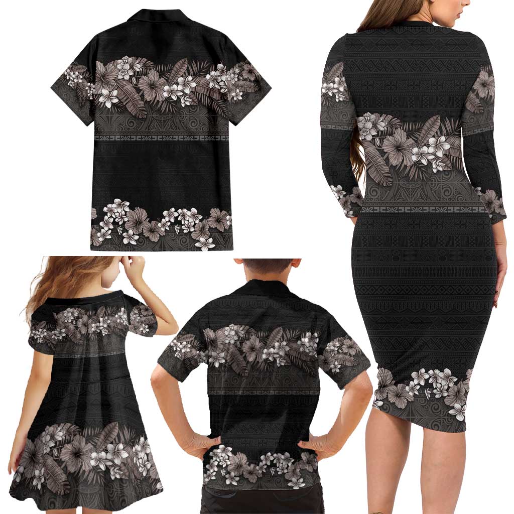 Hawaiian Tropical Flowers and Tribal Polynesian Tattoo Family Matching Long Sleeve Bodycon Dress and Hawaiian Shirt Grayscale Mode LT03 - Polynesian Pride