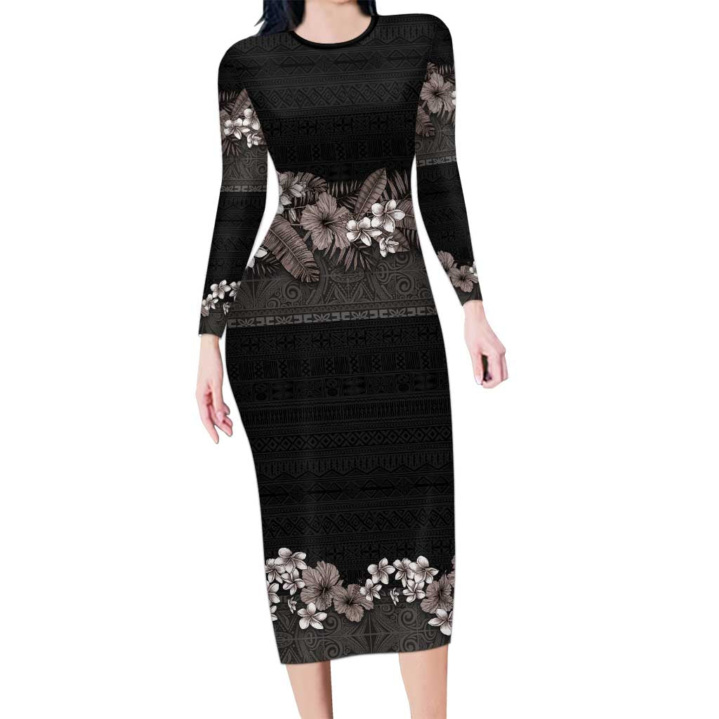 Hawaiian Tropical Flowers and Tribal Polynesian Tattoo Family Matching Long Sleeve Bodycon Dress and Hawaiian Shirt Grayscale Mode LT03 Mom's Dress Black - Polynesian Pride