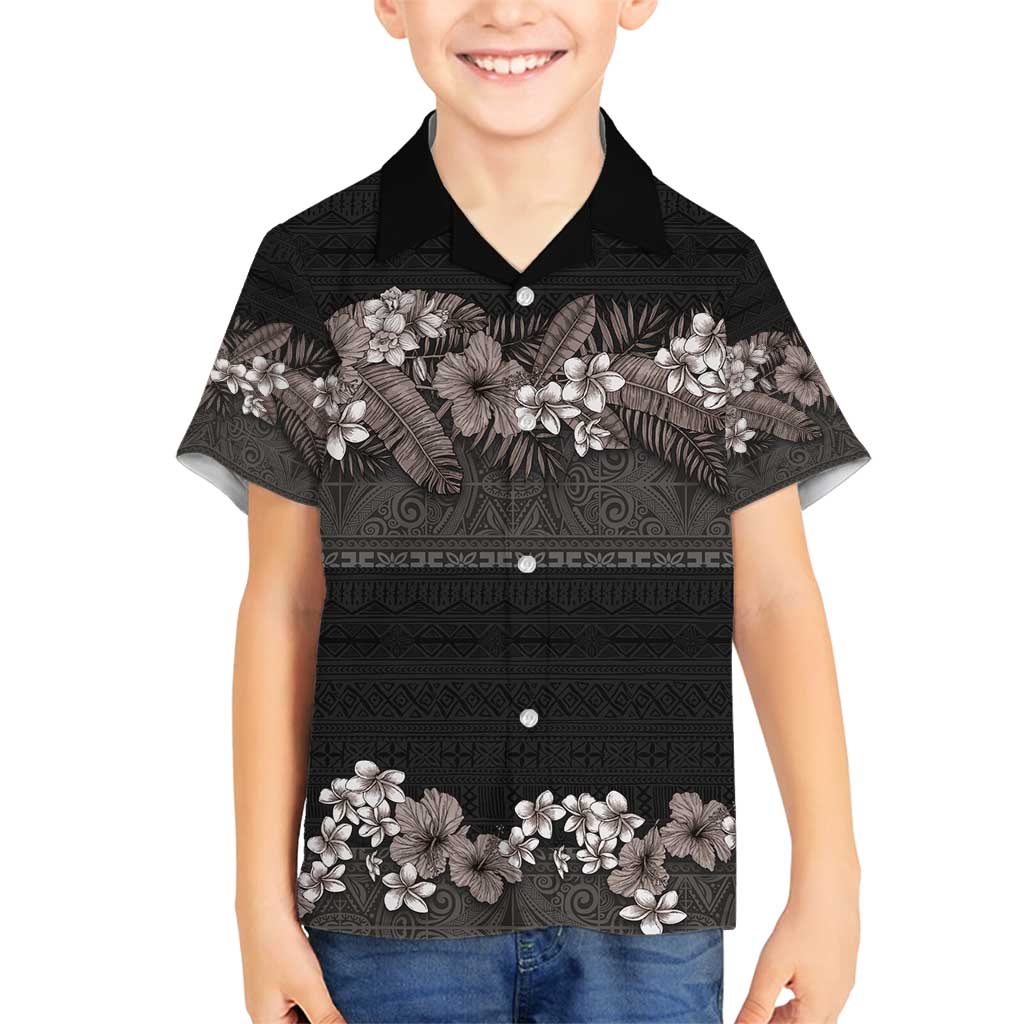 Hawaiian Tropical Flowers and Tribal Polynesian Tattoo Family Matching Long Sleeve Bodycon Dress and Hawaiian Shirt Grayscale Mode LT03 Son's Shirt Black - Polynesian Pride