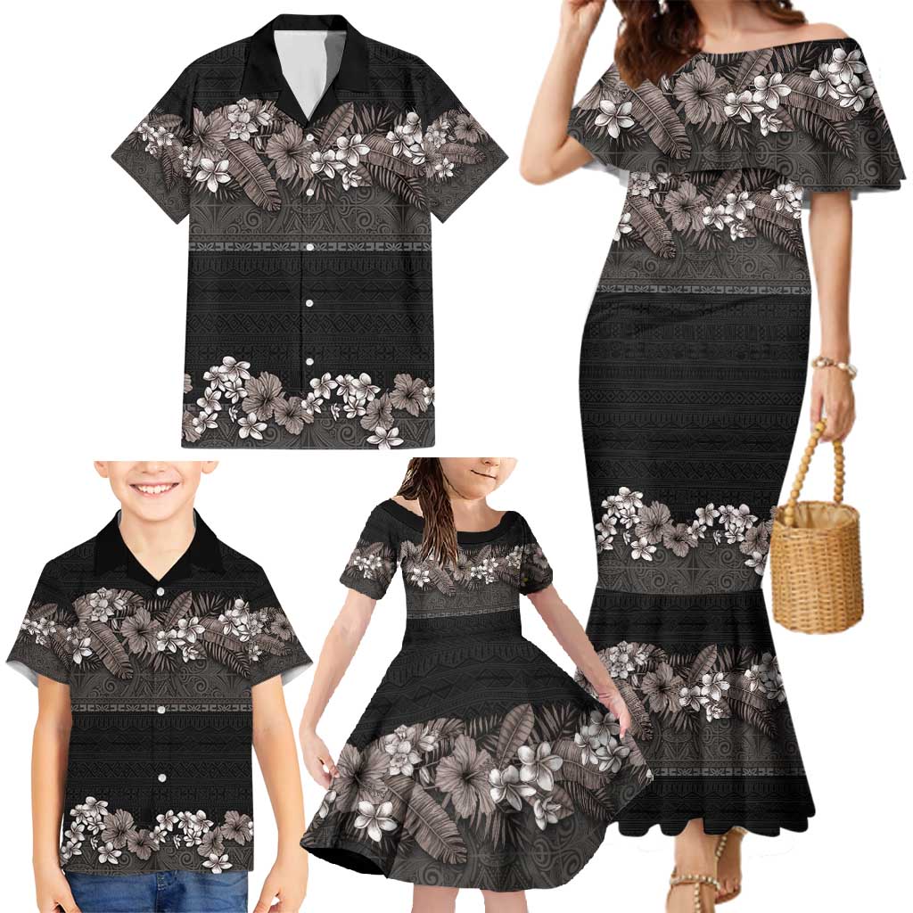 Hawaiian Tropical Flowers and Tribal Polynesian Tattoo Family Matching Mermaid Dress and Hawaiian Shirt Grayscale Mode LT03 - Polynesian Pride
