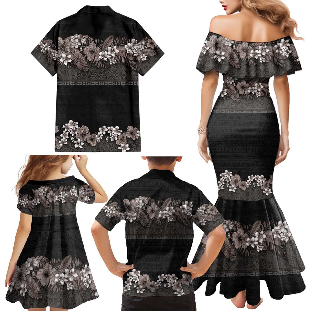 Hawaiian Tropical Flowers and Tribal Polynesian Tattoo Family Matching Mermaid Dress and Hawaiian Shirt Grayscale Mode LT03 - Polynesian Pride