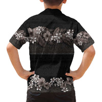 Hawaiian Tropical Flowers and Tribal Polynesian Tattoo Family Matching Off The Shoulder Long Sleeve Dress and Hawaiian Shirt Grayscale Mode LT03 - Polynesian Pride