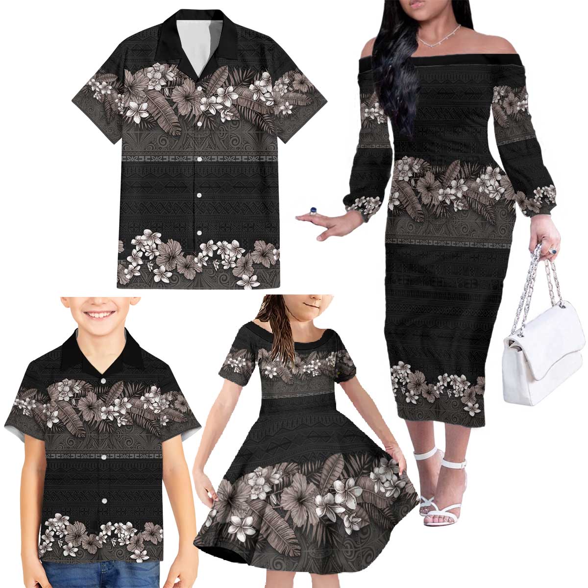 Hawaiian Tropical Flowers and Tribal Polynesian Tattoo Family Matching Off The Shoulder Long Sleeve Dress and Hawaiian Shirt Grayscale Mode LT03 - Polynesian Pride