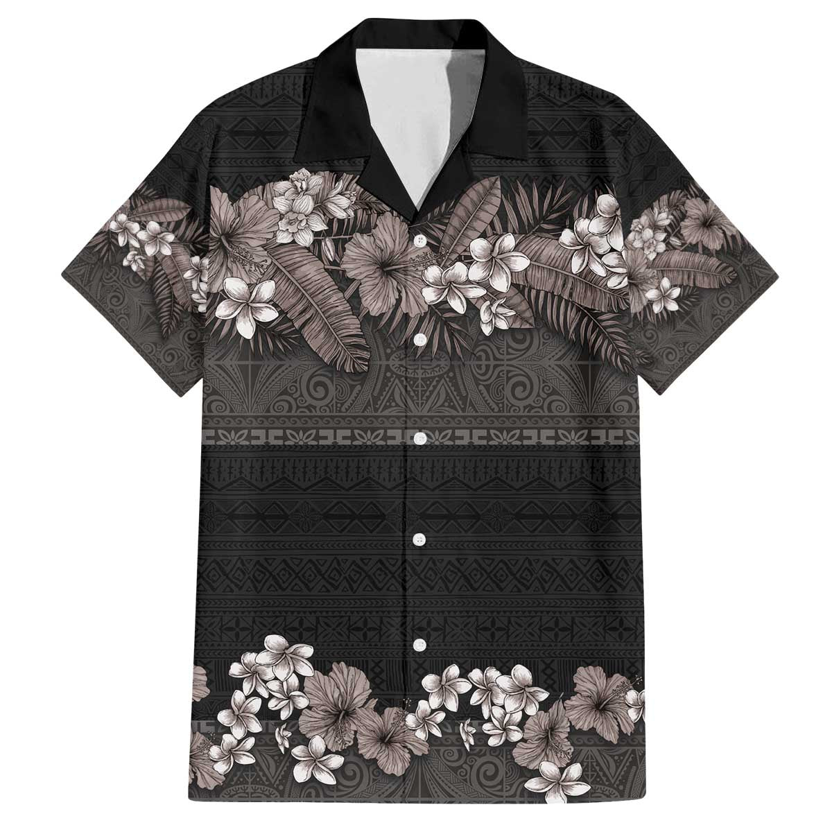 Hawaiian Tropical Flowers and Tribal Polynesian Tattoo Family Matching Off The Shoulder Long Sleeve Dress and Hawaiian Shirt Grayscale Mode LT03 Dad's Shirt - Short Sleeve Black - Polynesian Pride