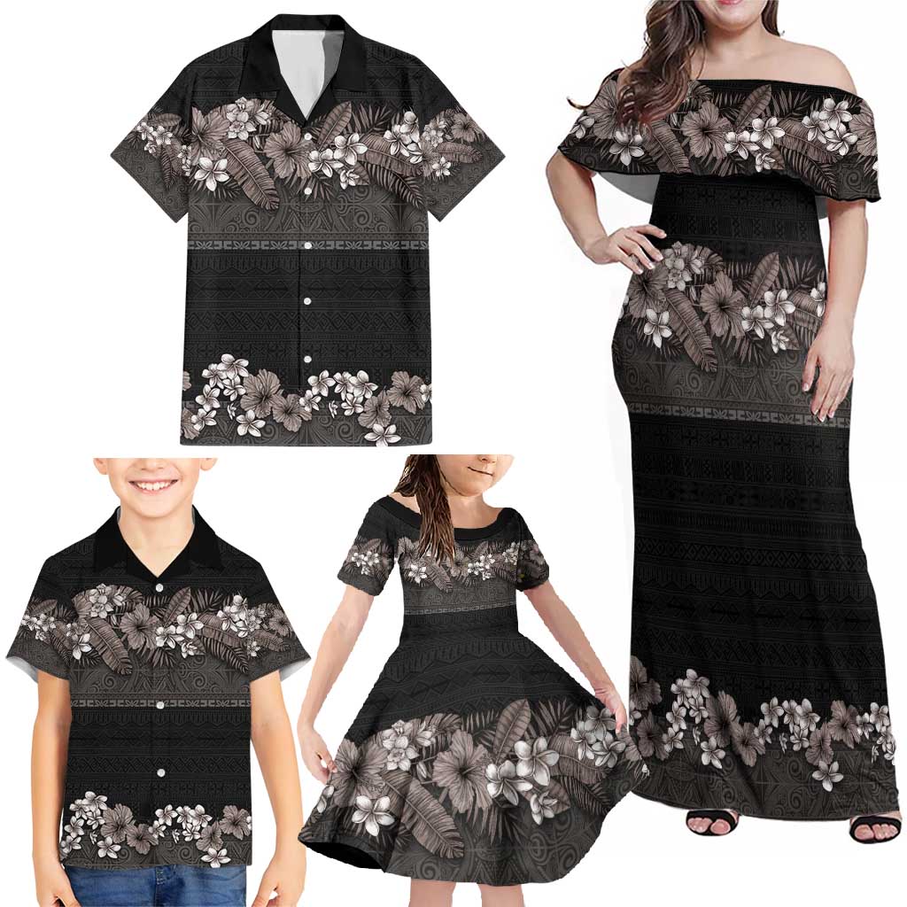 Hawaiian Tropical Flowers and Tribal Polynesian Tattoo Family Matching Off Shoulder Maxi Dress and Hawaiian Shirt Grayscale Mode LT03 - Polynesian Pride