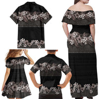 Hawaiian Tropical Flowers and Tribal Polynesian Tattoo Family Matching Off Shoulder Maxi Dress and Hawaiian Shirt Grayscale Mode LT03 - Polynesian Pride