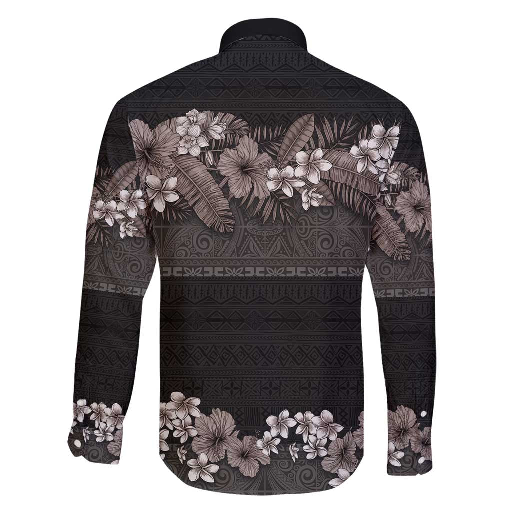 Hawaiian Tropical Flowers and Tribal Polynesian Tattoo Family Matching Off Shoulder Maxi Dress and Hawaiian Shirt Grayscale Mode LT03 - Polynesian Pride