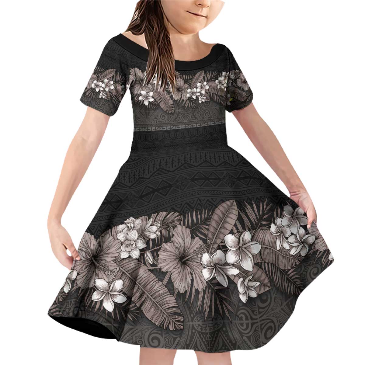 Hawaiian Tropical Flowers and Tribal Polynesian Tattoo Family Matching Off Shoulder Short Dress and Hawaiian Shirt Grayscale Mode LT03 Daughter's Dress Black - Polynesian Pride