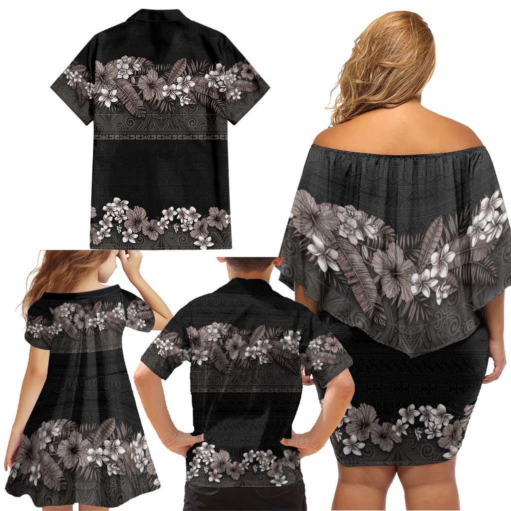 Hawaiian Tropical Flowers and Tribal Polynesian Tattoo Family Matching Off Shoulder Short Dress and Hawaiian Shirt Grayscale Mode LT03 - Polynesian Pride