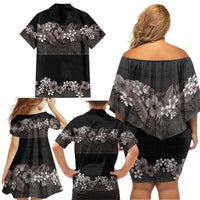 Hawaiian Tropical Flowers and Tribal Polynesian Tattoo Family Matching Off Shoulder Short Dress and Hawaiian Shirt Grayscale Mode LT03 - Polynesian Pride
