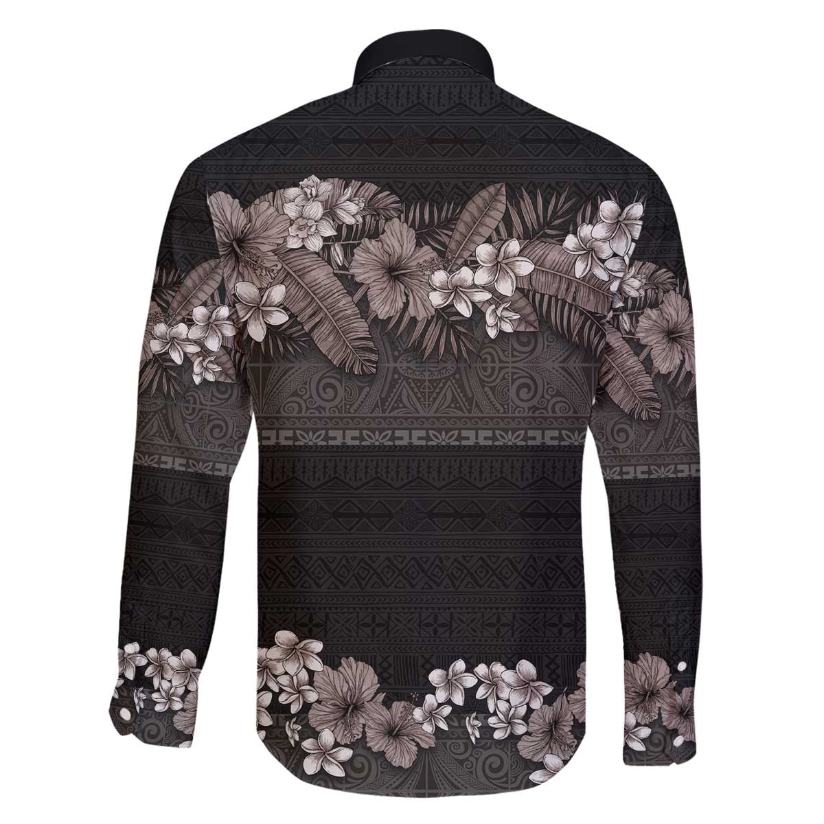 Hawaiian Tropical Flowers and Tribal Polynesian Tattoo Family Matching Off Shoulder Short Dress and Hawaiian Shirt Grayscale Mode LT03 - Polynesian Pride