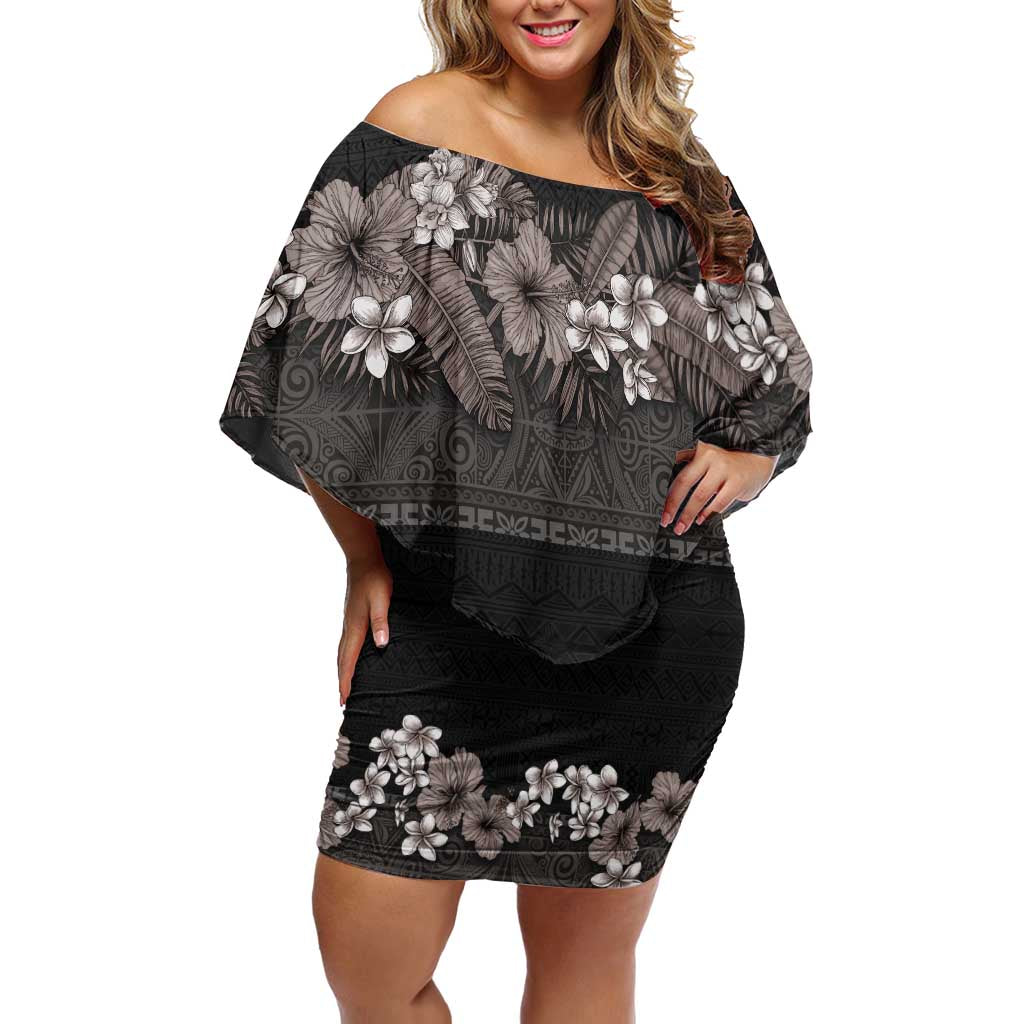 Hawaiian Tropical Flowers and Tribal Polynesian Tattoo Family Matching Off Shoulder Short Dress and Hawaiian Shirt Grayscale Mode LT03 Mom's Dress Black - Polynesian Pride