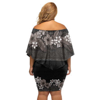 Hawaiian Tropical Flowers and Tribal Polynesian Tattoo Family Matching Off Shoulder Short Dress and Hawaiian Shirt Grayscale Mode LT03 - Polynesian Pride