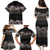 Hawaiian Tropical Flowers and Tribal Polynesian Tattoo Family Matching Puletasi and Hawaiian Shirt Grayscale Mode LT03 - Polynesian Pride