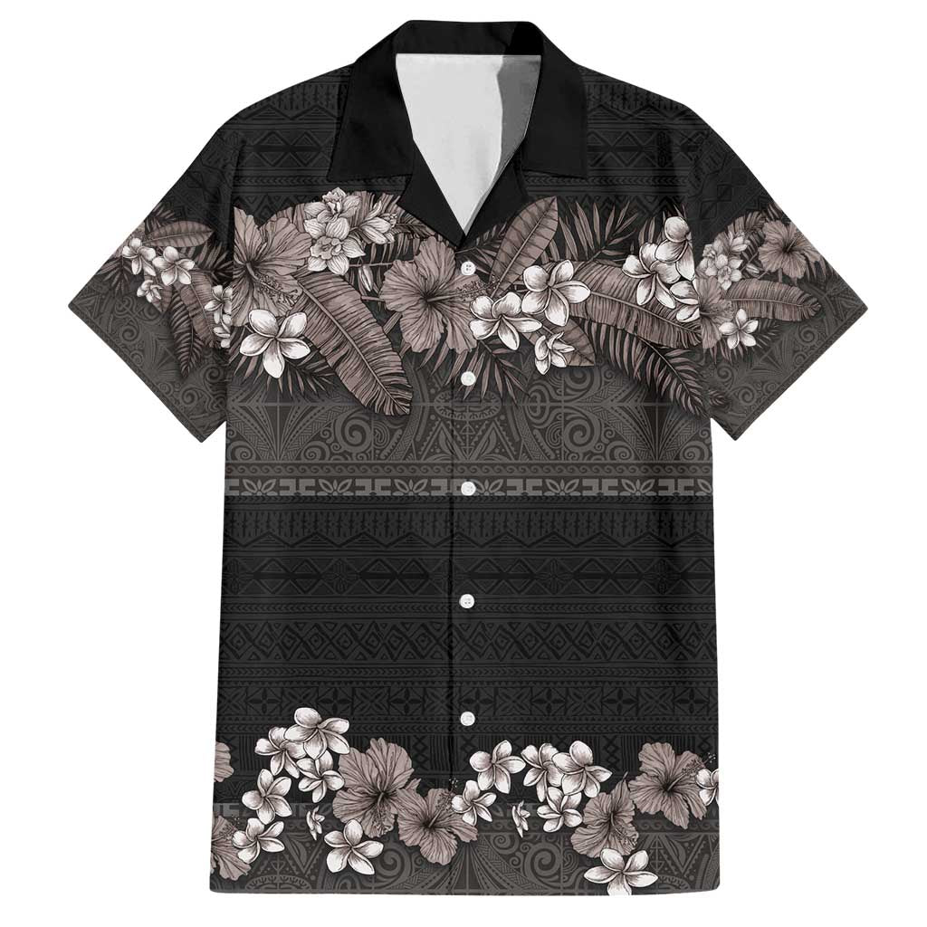 Hawaiian Tropical Flowers and Tribal Polynesian Tattoo Family Matching Puletasi and Hawaiian Shirt Grayscale Mode LT03 Dad's Shirt - Short Sleeve Black - Polynesian Pride