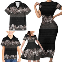 Hawaiian Tropical Flowers and Tribal Polynesian Tattoo Family Matching Short Sleeve Bodycon Dress and Hawaiian Shirt Grayscale Mode LT03 - Polynesian Pride