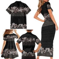 Hawaiian Tropical Flowers and Tribal Polynesian Tattoo Family Matching Short Sleeve Bodycon Dress and Hawaiian Shirt Grayscale Mode LT03 - Polynesian Pride