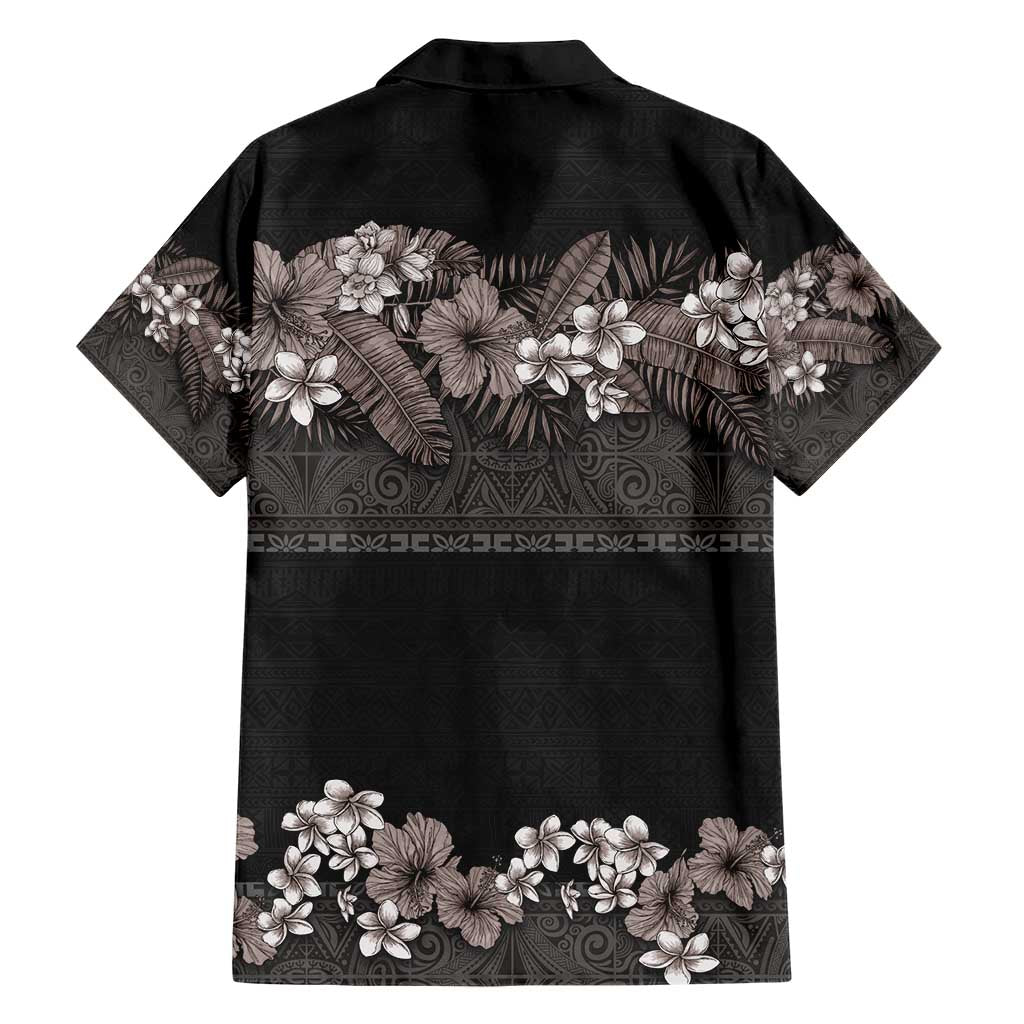 Hawaiian Tropical Flowers and Tribal Polynesian Tattoo Family Matching Short Sleeve Bodycon Dress and Hawaiian Shirt Grayscale Mode LT03 - Polynesian Pride