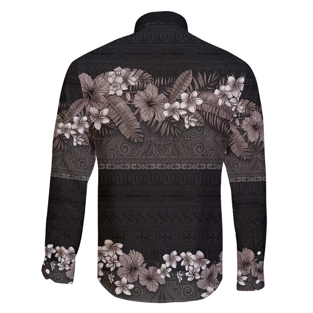 Hawaiian Tropical Flowers and Tribal Polynesian Tattoo Family Matching Short Sleeve Bodycon Dress and Hawaiian Shirt Grayscale Mode LT03 - Polynesian Pride